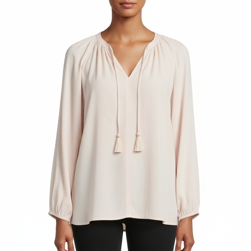 Johnny Was Calme Blouse Boho Peasant Top Solid Blush Pink Tassel Tie Neck Size S